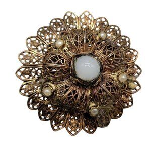 Miriam Haskell Style Brooch Filigree Round Puffy Faux Pearl Brass Tone Unsigned
